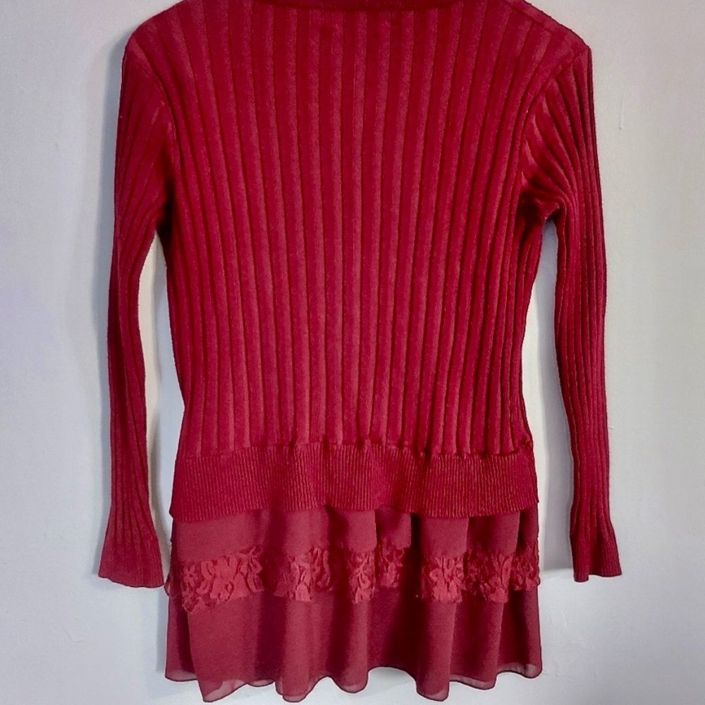 Lavena Romantic Pull On Sweater Cranberry Ruffles Bow Tie Buttons XXL - Picture 2 of 8